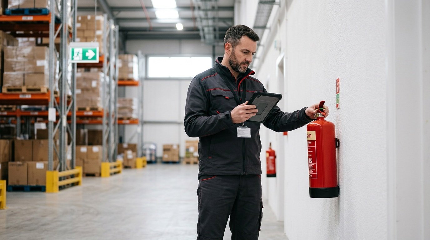 Специалист UDG FIRE проверяет огнетушитель на складе клиента