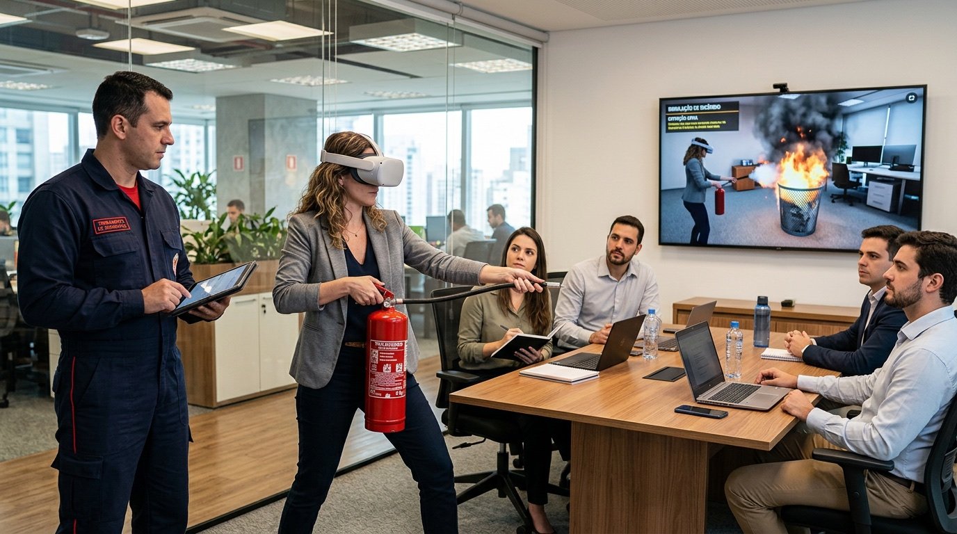 Сотрудница в VR-очках тушит виртуальный пожар тренажёром-огнетушителем