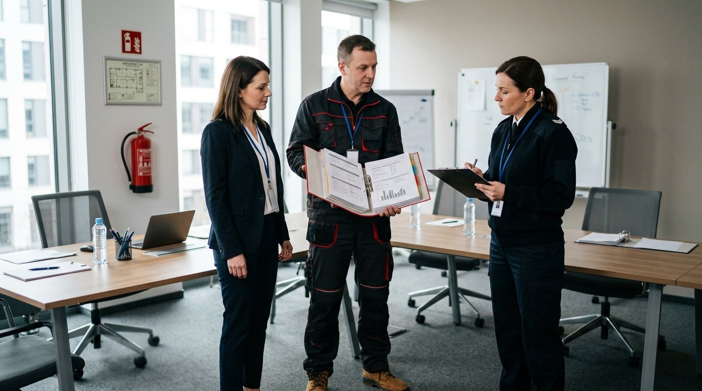 Specialistul UDG FIRE prezintă inspectorului dosarul PSI al obiectivului